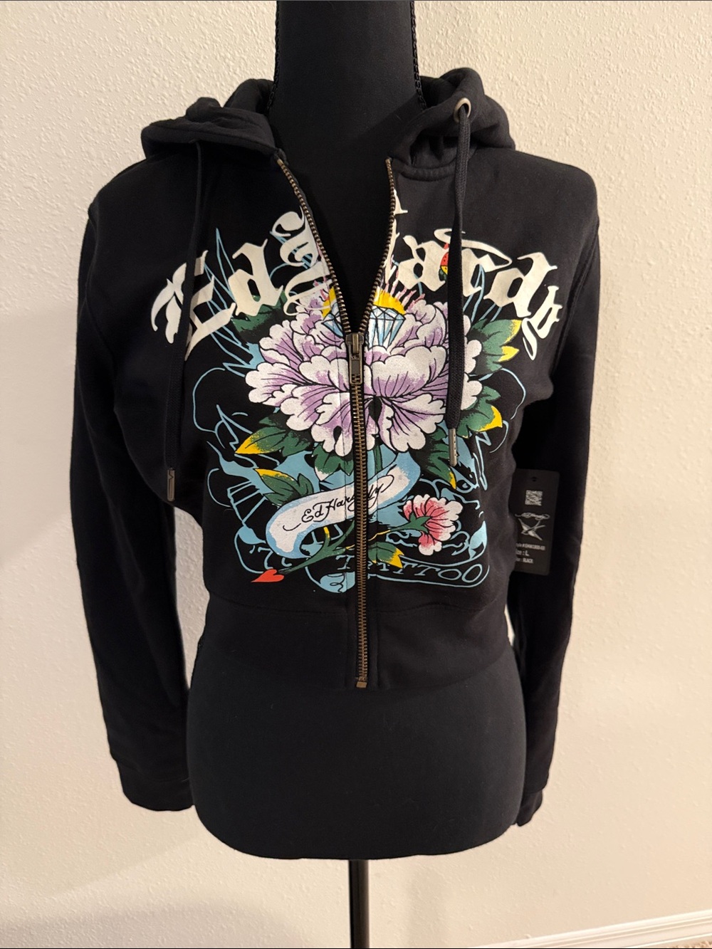 Ed Hardy Black Floral Zip-Up Crop Hoodie